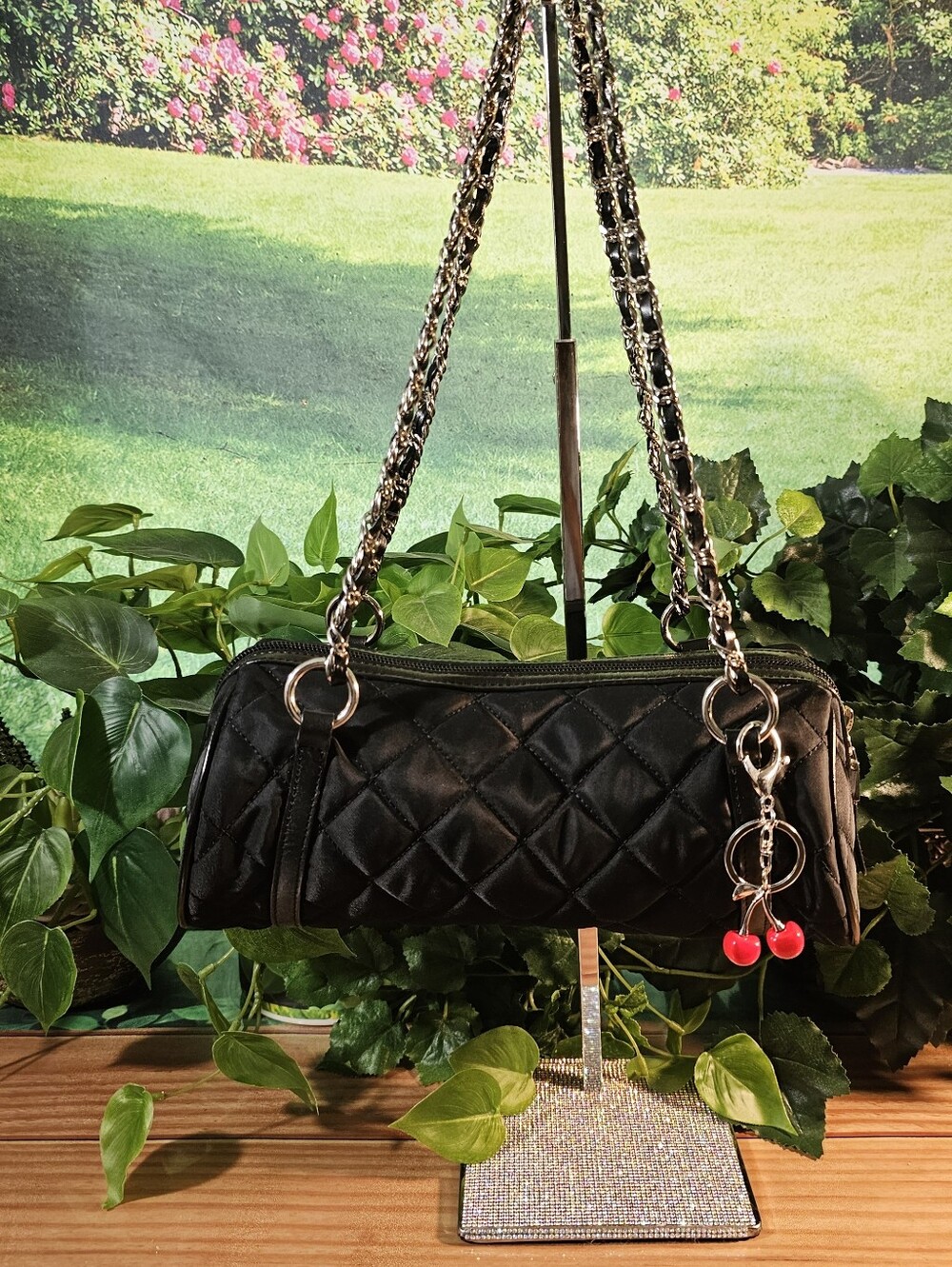 Talbots Black Quilted Barrel Bag Nylon Leather Trim Silver Hardware